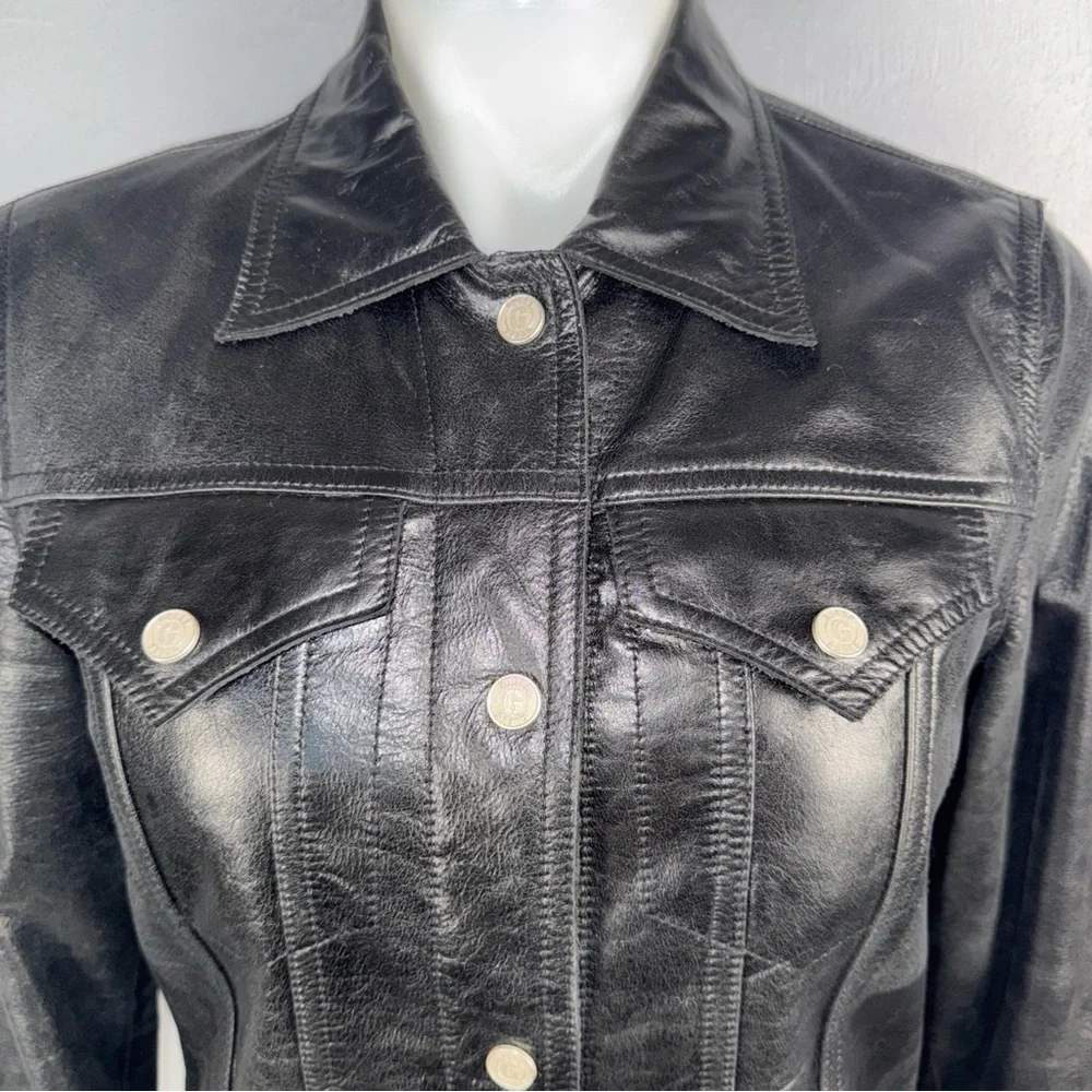 GUESS Jacket‎ Women’s S Black Genuine Leather 5-Snap Button Front Trucker *READ